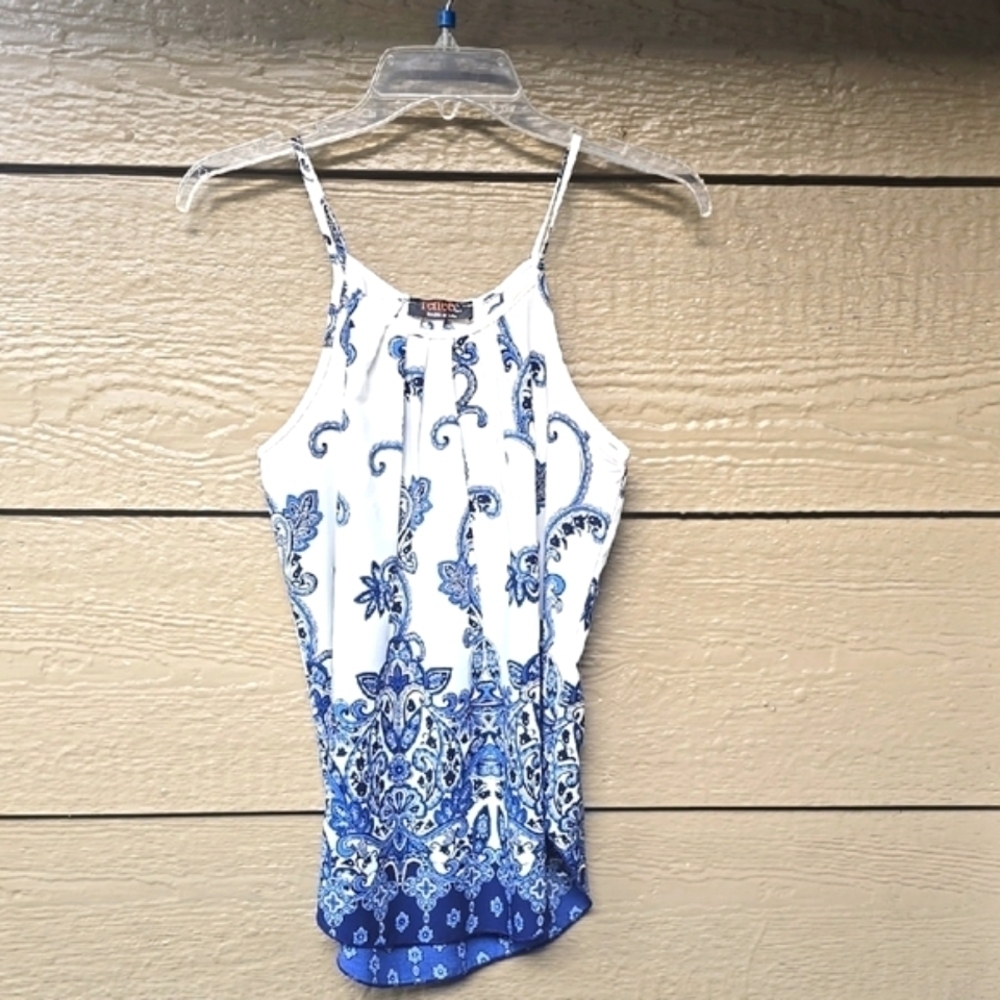 Renee C Paisley Sleeveless Blouse Cream Blue Small